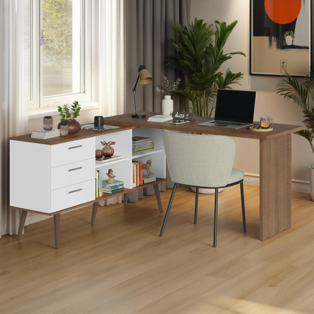 Miniatura Mesa de Estudos em L 3 Gavetas Branco/Rustic Lisboa Madesa Branco/Rustic