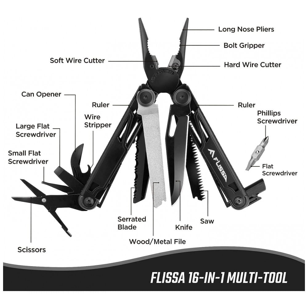 Miniatura Alicate Multifuncional 16 em 1, Aço Inoxidável com Estojo de Nylon, Flissa, Preto