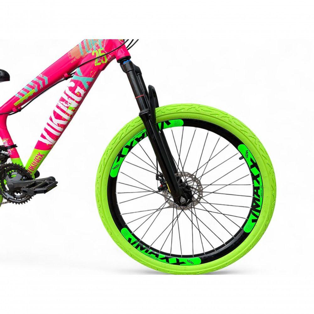 Miniatura Bicicleta Aro 26 Vikingx Tuff X25 Freeride Câmbios Shimano 21v Freio A Disco Aros Vmaxx Pneu Flame - Rosa-verde