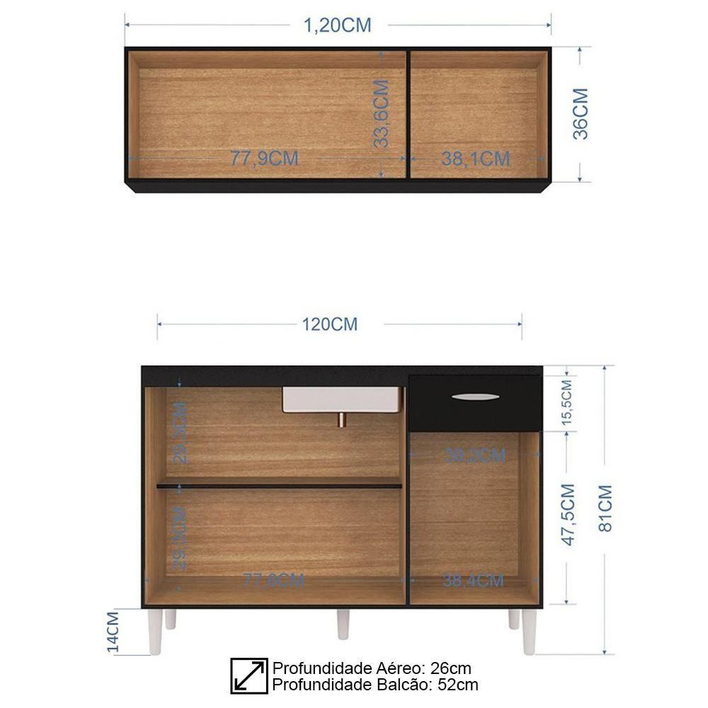 Miniatura Armário Aéreo E Balcão De Cozinha 120cm Com Tampo Classic P11 Preto - Mpozenato