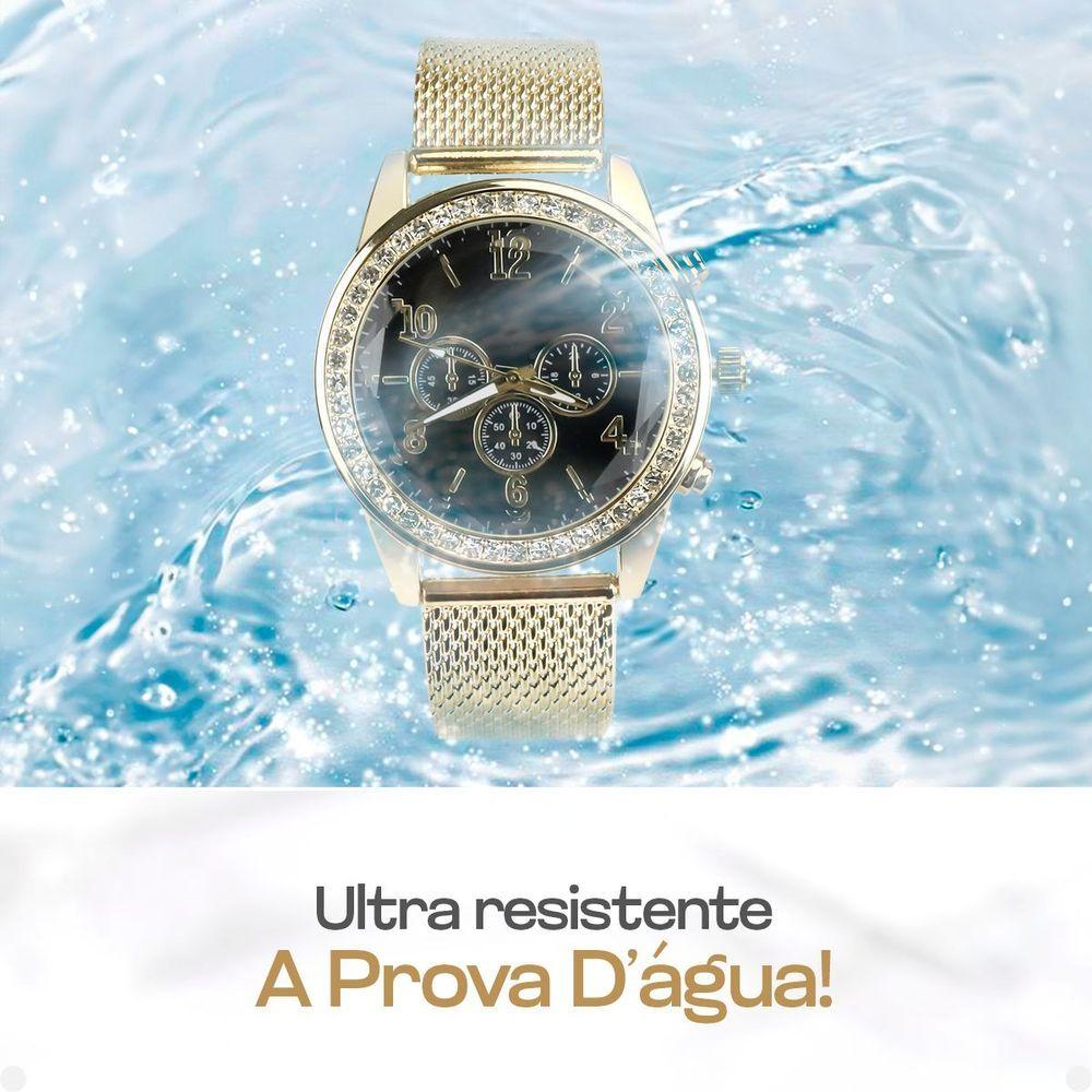 Miniatura Relogio Feminino Strass Dourado + Pulseira + Brincos + Colar