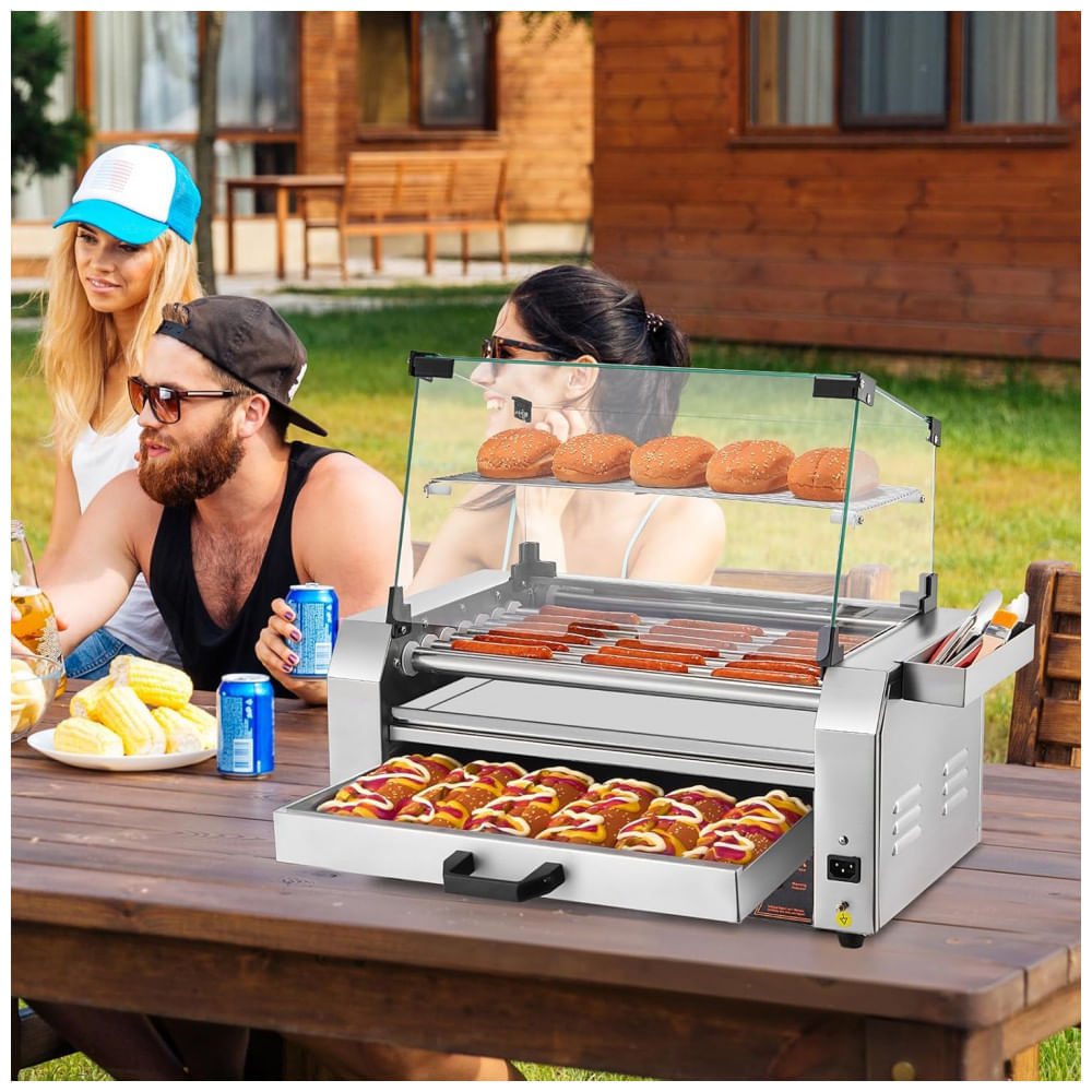 Máquina de Cachorro-Quente VEVOR, 18 Hot Dogs em 7 Rolos, Grill de Salsichas em Aço Inoxidável, 1200W com Aquecedor de Pães, Tampa,