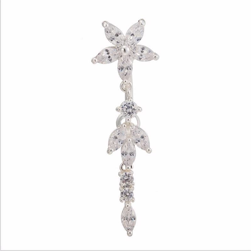 Miniatura Piercing De Umbigo Prata Pendurado Flor Invertido Zirconia