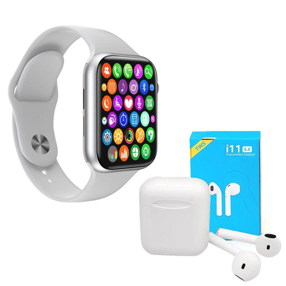 Miniatura Kit 1 Relógio Smartwatch Iwo 8 Branco + Fone Bt I11 Pro Tws