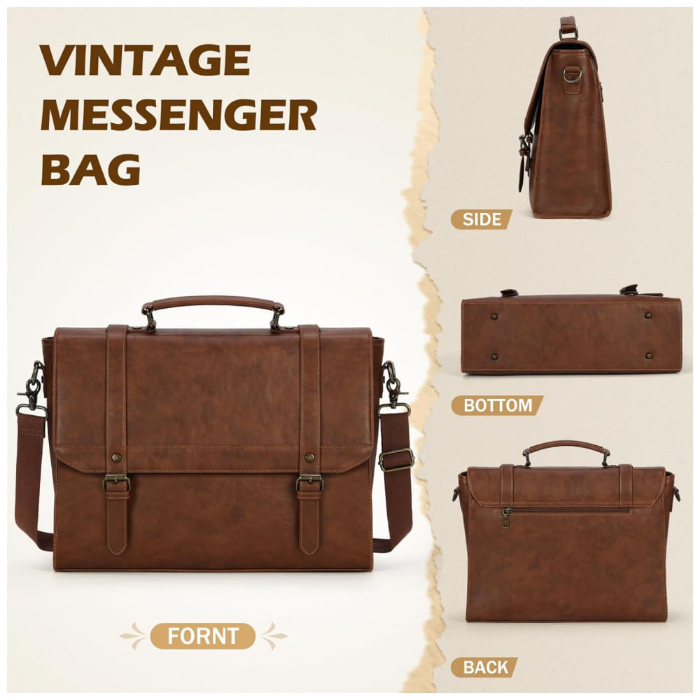 Miniatura Bolsa Carteiro Masculina de Couro Sintético para Laptop com 15,6 Polegadas, IGOLUMON, Marrom 110v