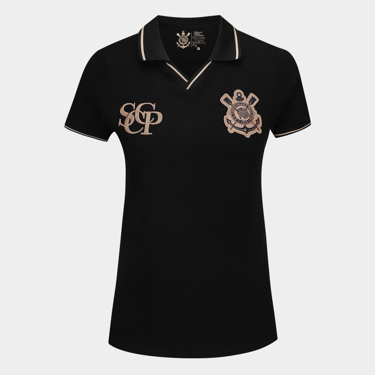 Miniatura Camisa Polo Corinthians com Punho Feminina Preto - G