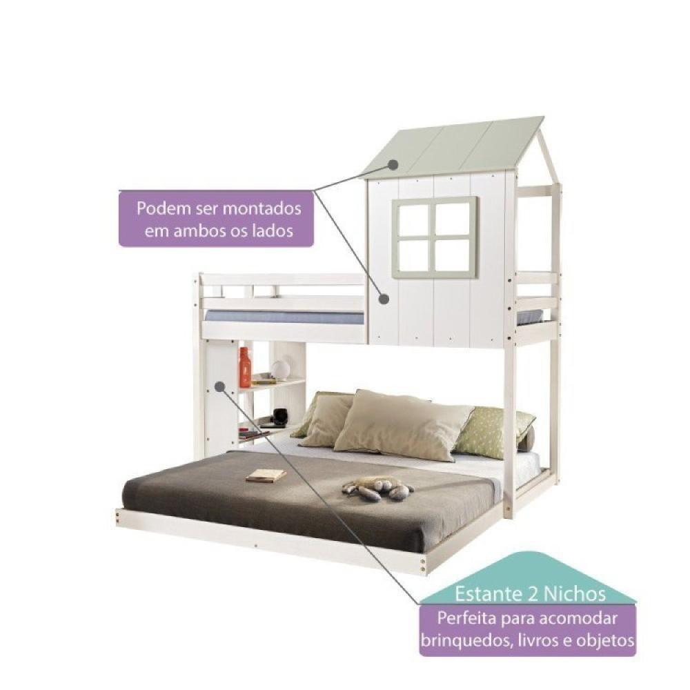 Miniatura Beliche Queen Montessoriano Cabana Family com Estante Casatema Branco/Verde