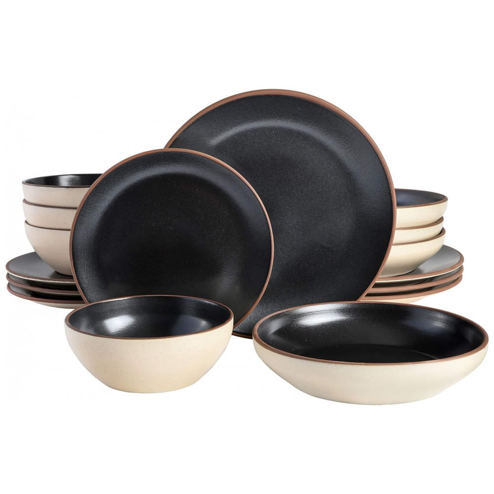 Miniatura Aparelho de Jantar Clássico com 16 Peças em Cerâmica Serve 4 Pessoas, Gibson Elite Contempo, Preto