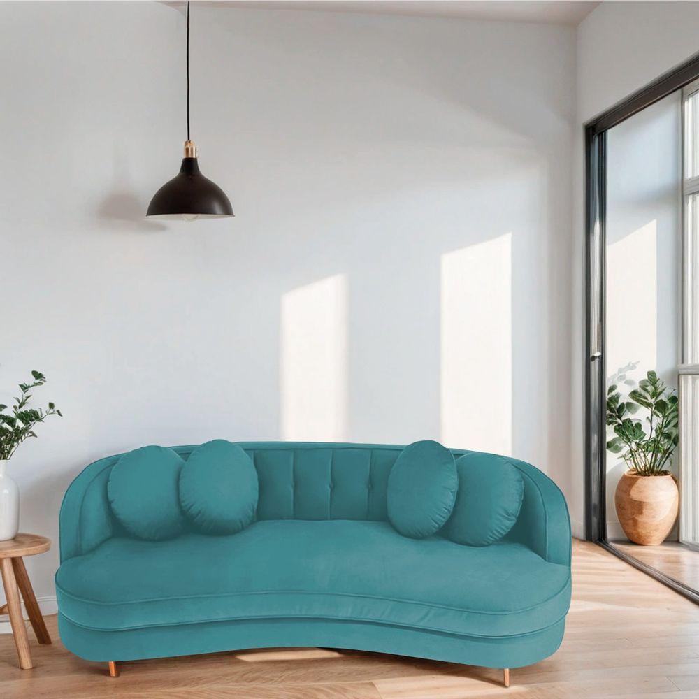Miniatura Sofá Curvo 2 Lugares Orgânico Luxo Panamá 140cm Suede Corano Azul Turquesa