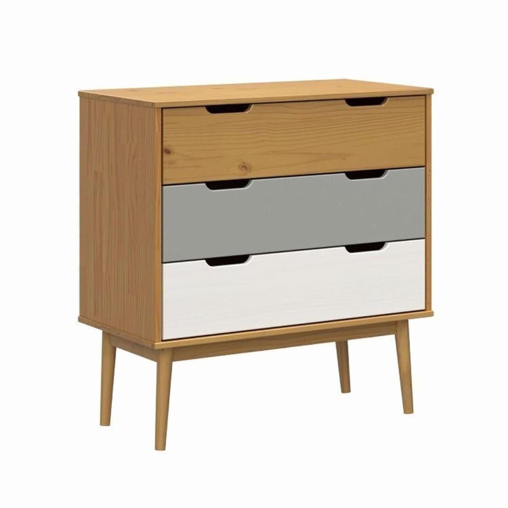 Conjunto Quarto em Madeira Maciça Guarda-Roupa 3 Portas e Cômoda 3 Gavetas Nórdica Yescasa Roble/Cinza/Branco