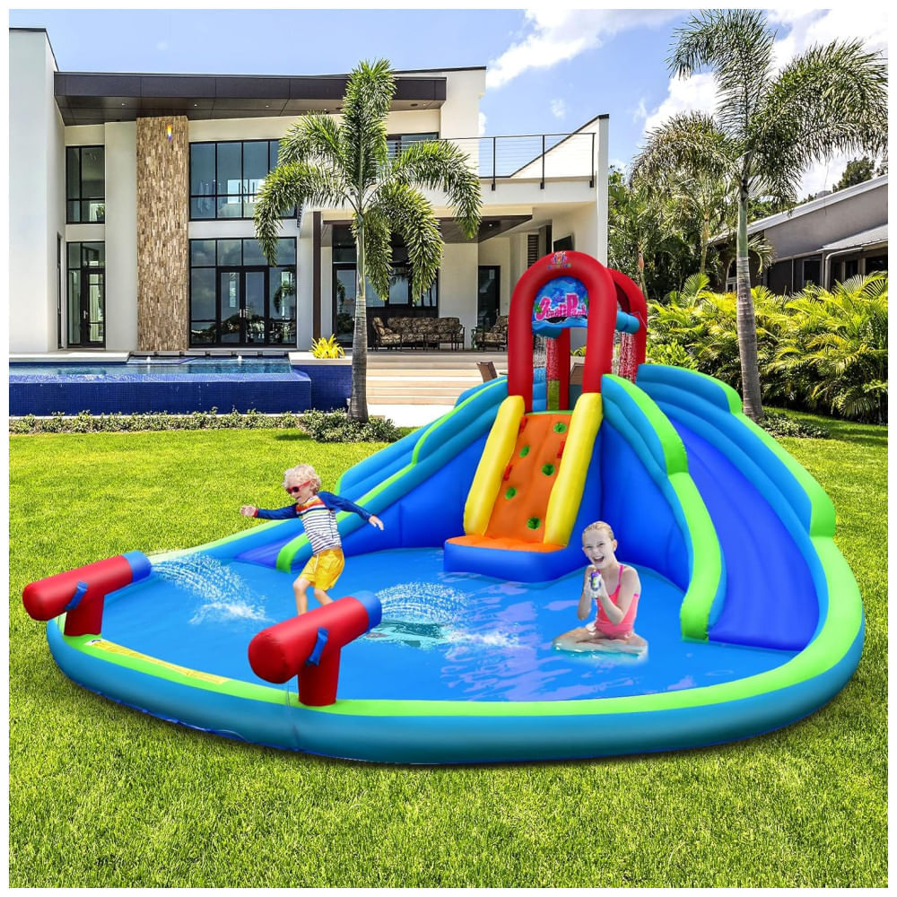Parque Aquático Inflável até 136 kg com 2 Escorregadores Longos, Piscina e Parede de Escalada, BOUNTECH, Colorido