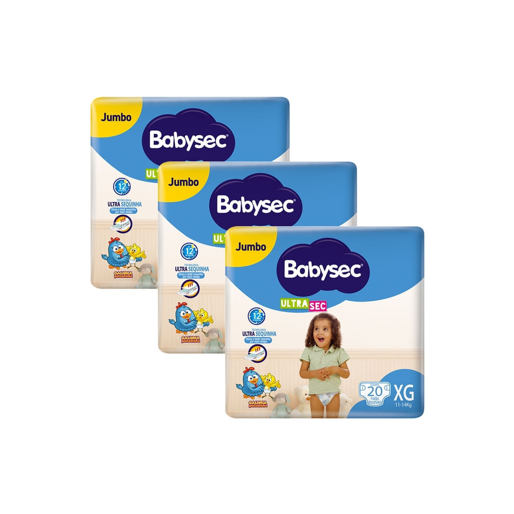 Miniatura Kit 3 Fralda Babysec Ultrasec Tamanho XG Pacote Jumbo 20 Fraldas Descartáveis