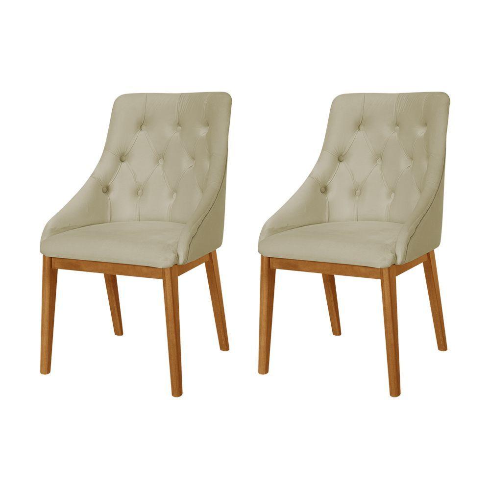 Miniatura Kit 2 Cadeiras De Jantar Elisa Nobre Estofada Capitonê Veludo Bege Base Madeira Maciça Mel