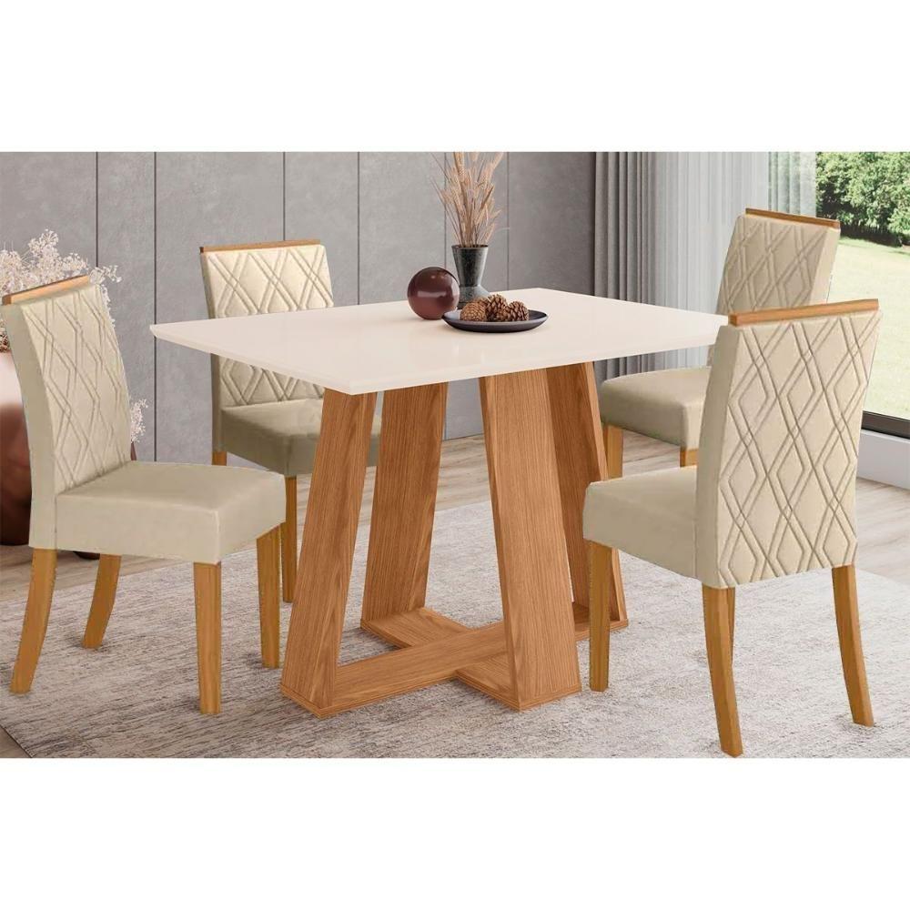 Miniatura Sala De Jantar Completa Lins Sc91 Tampo Madeirado C- Vidro Canto Reto 120x80cm E 4 Cadeiras Vita Nature-veludo Light Linho - Henn