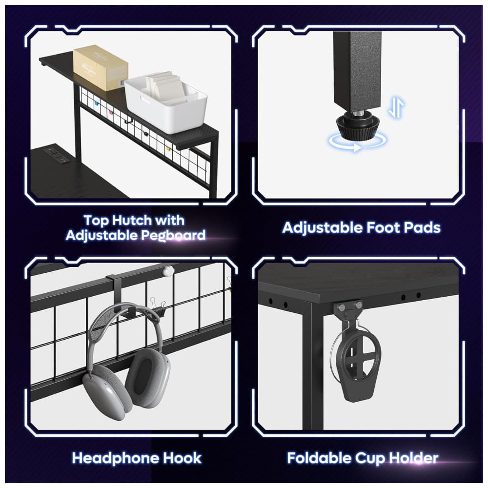 Miniatura Mesa Gamer de Fibra de Carbono, 42" 106 cm com Gancho para Fone de Ouvido, Luz LED, Porta-Copos, Tomadas, Mesa de Canto Reversível e Prateleiras, 110v