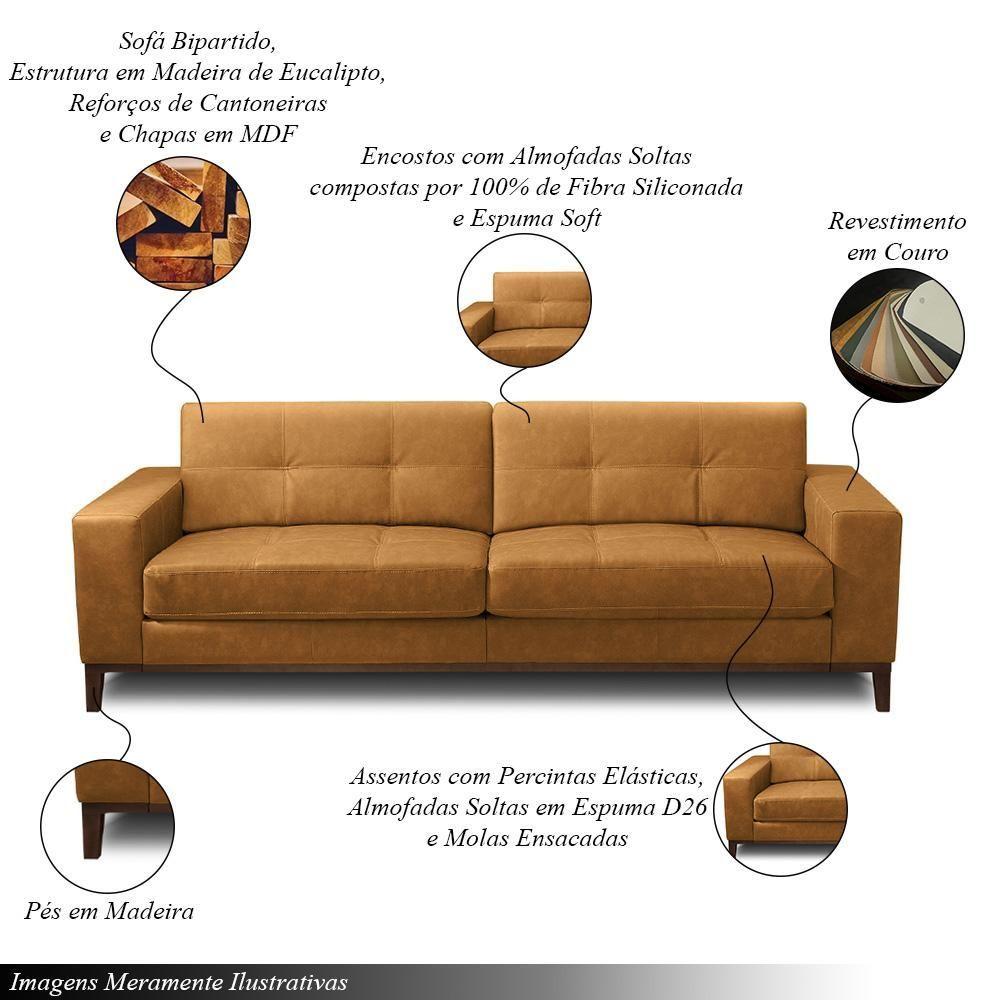 Sofá Decorativo Bruno 3 Lugares Sala De Estar 240cm Pés Em Madeira Couro Caramelo Manchado