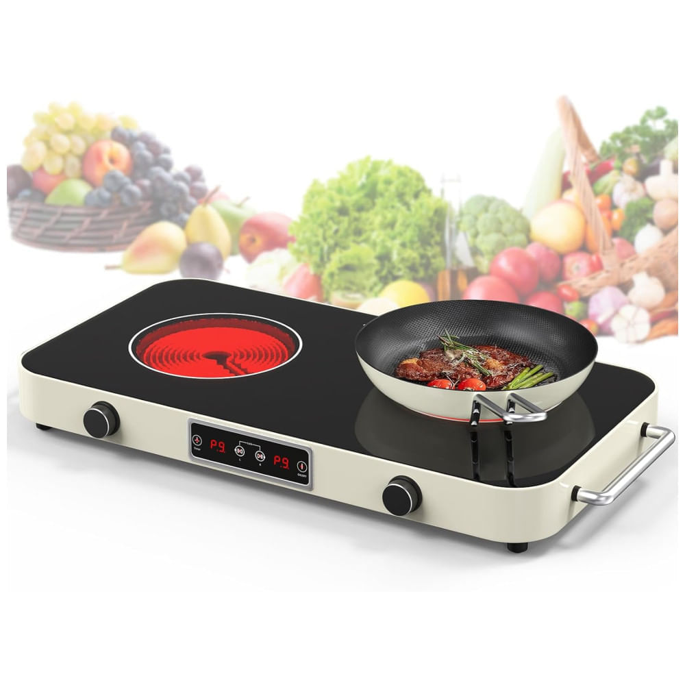 Miniatura Cooktop Elétrico Portátil de Indução com 2 Bocas, 9 Níveis de Potência, Temporizador, 2 Alças, Controle de Botão e Trava de Segurança para Crianças, 110v