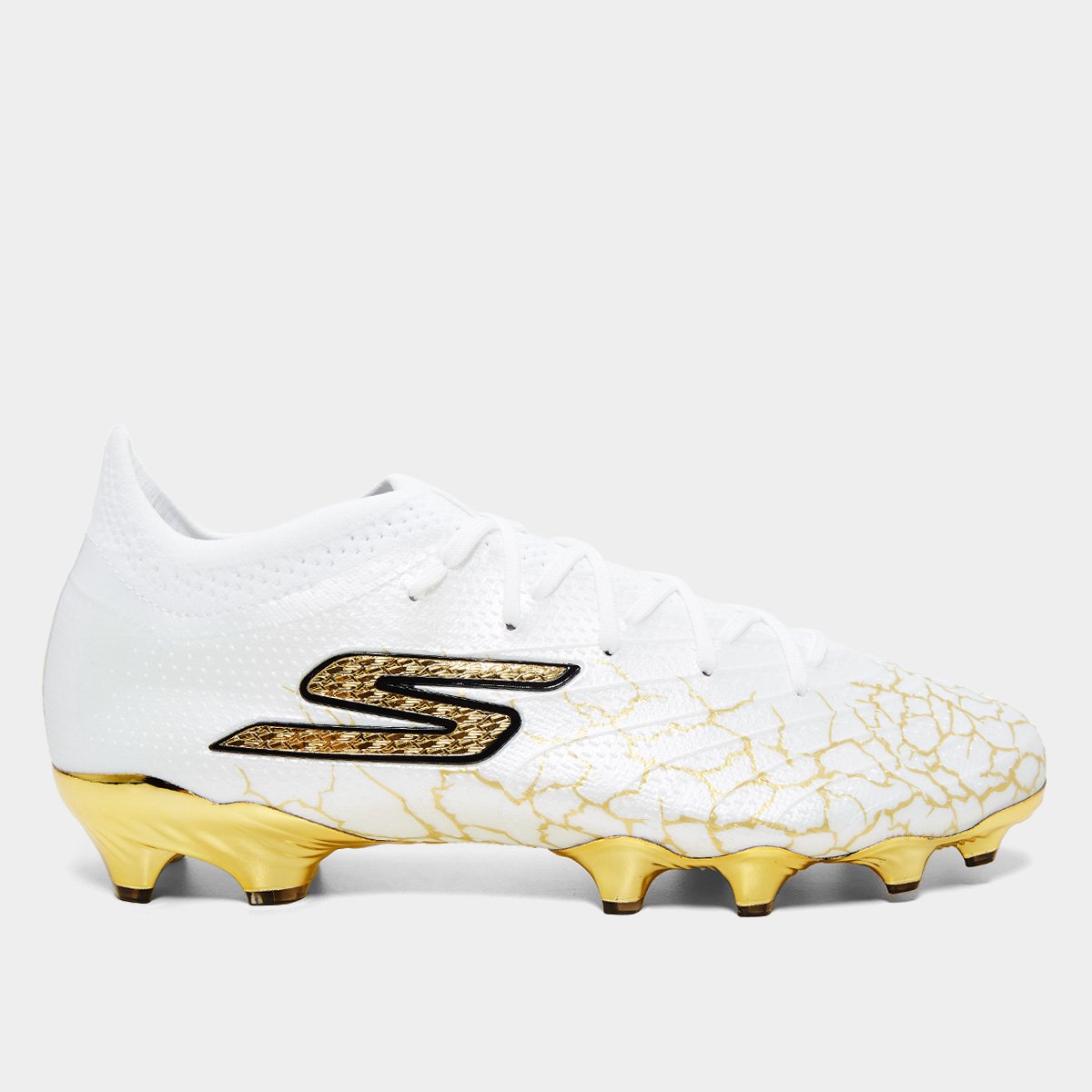 Miniatura Chuteira Campo Skechers SKX_01 Low Diamond FG Masculina Branco+dourado - 38