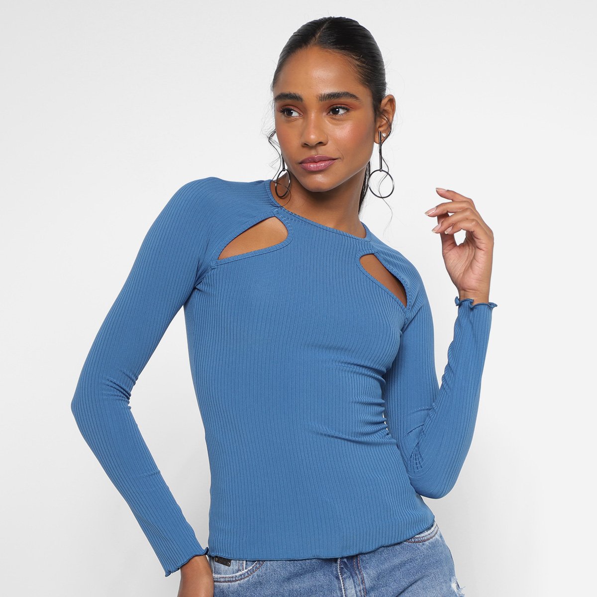 Miniatura Blusa Lança Perfume Canelada Recortes Feminina Azul - G