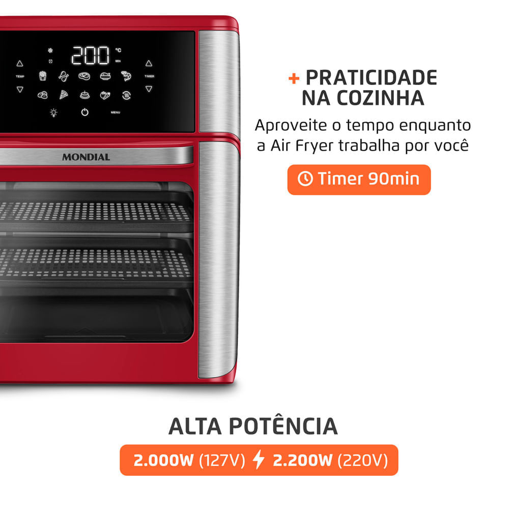 Fritadeira Air Fryer Forno Oven 12L Mondial Vermelho/Inox 2000W - AFON-12L-RI 127V