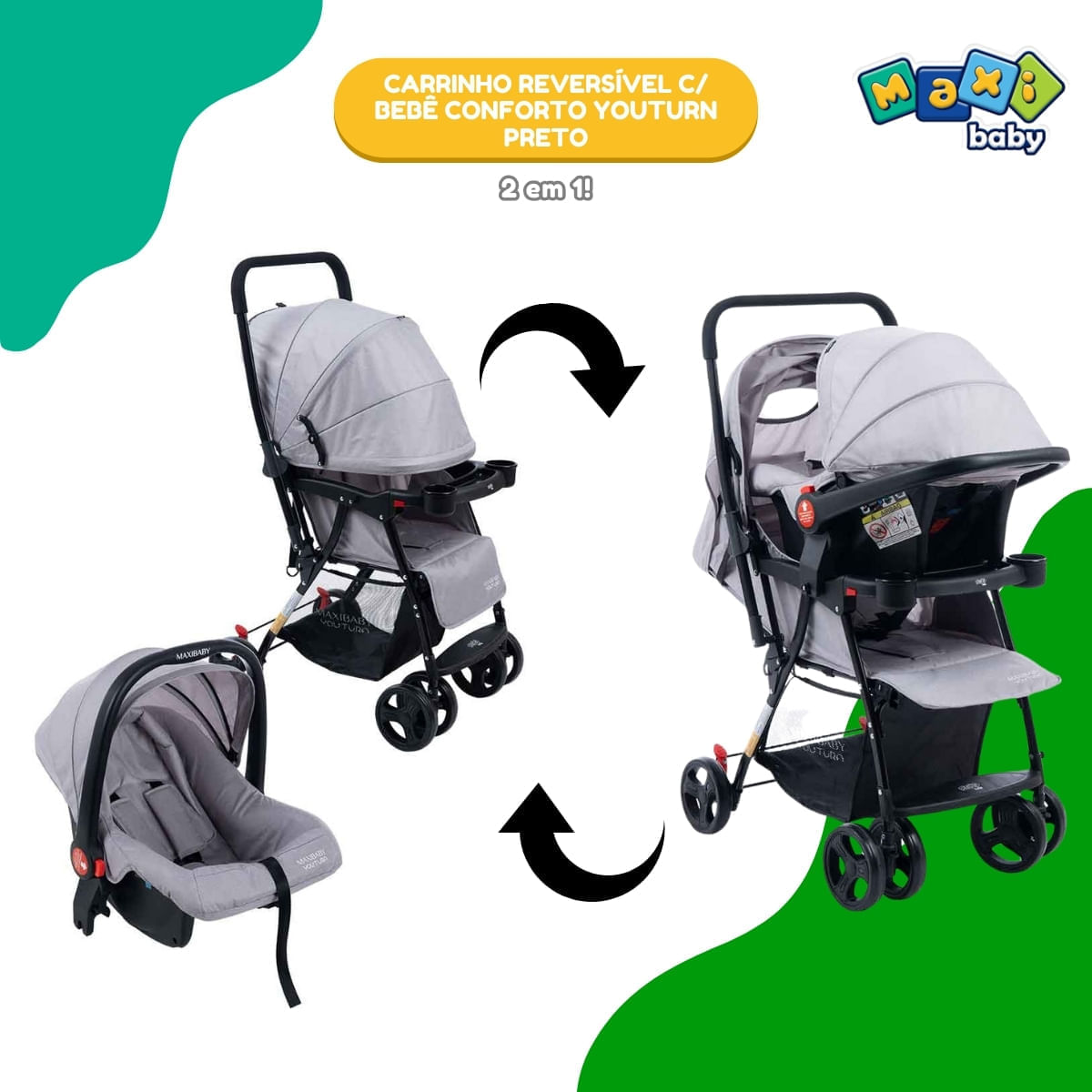 Miniatura Carrinho de Bebê com Bebê Conforto 2 em 1 Youturn Maxi Baby Cinza