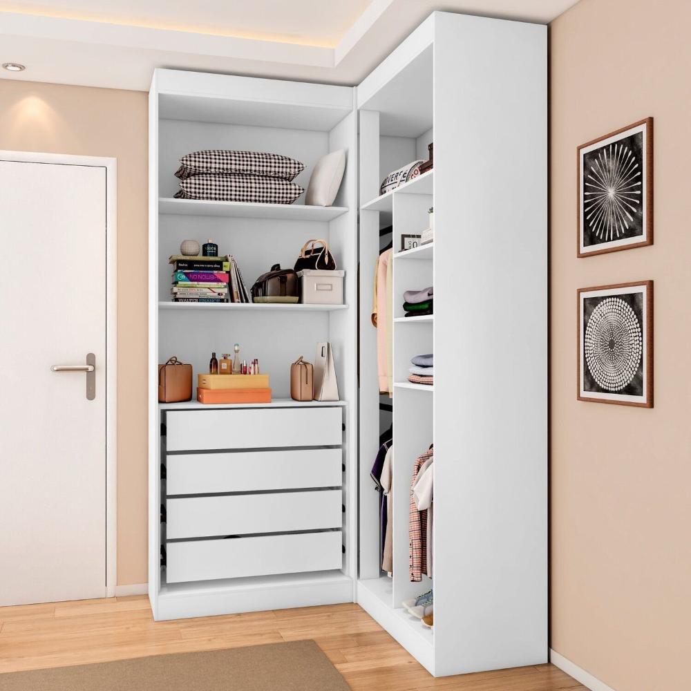 Miniatura Guarda Roupa Closet Casal sem Portas Canto em L com 4 Gavetas e 3 Cabideiros Versatille Yescasa Branco
