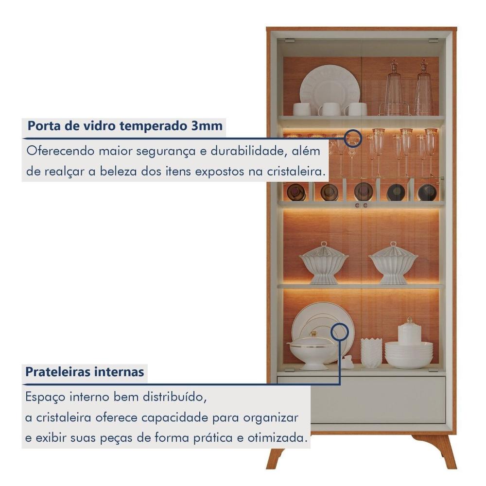 Cristaleira com Adega e Iluminação Led com Pés em Madeira Maciça e 1 Gaveta Prime Naturalle/Off White