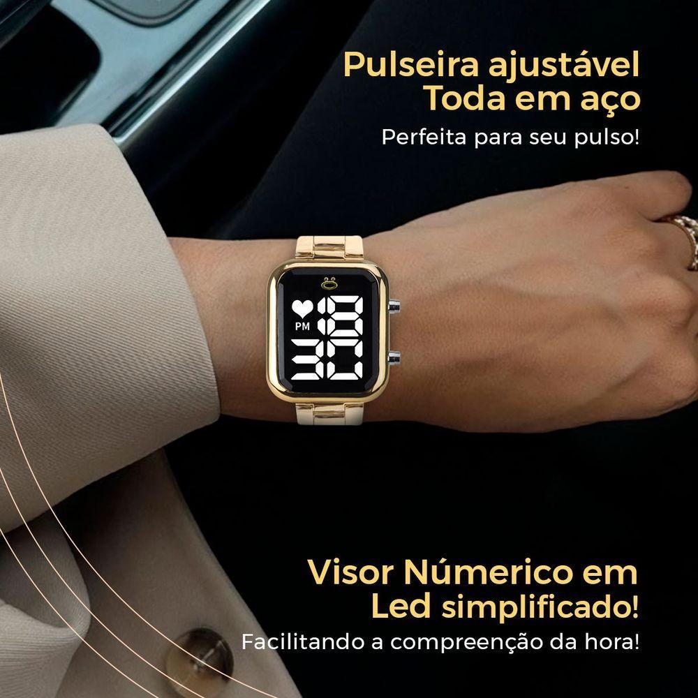 Miniatura Pulseira Pandora + Relogio Feminino Dourado Digital