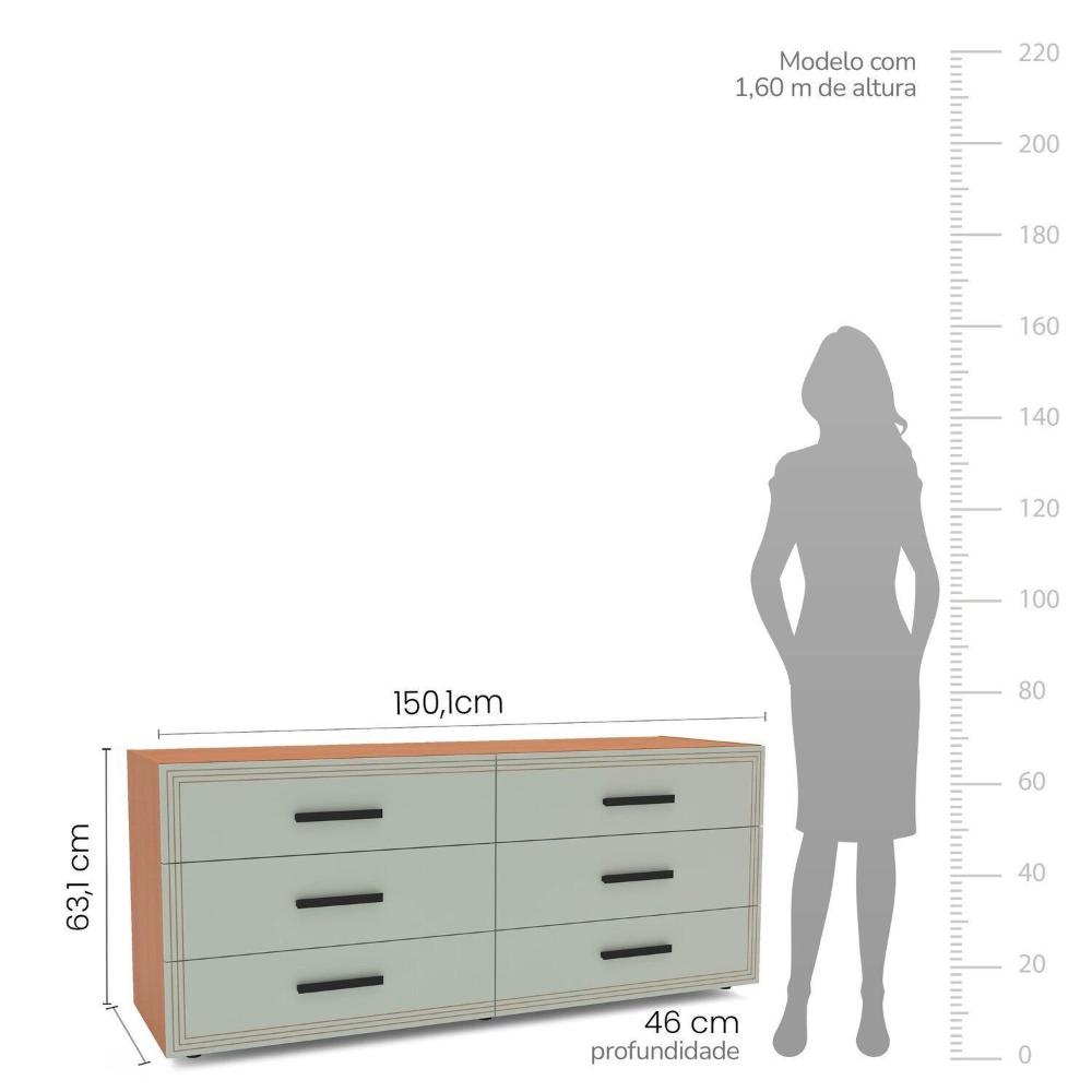 Miniatura Cômoda 6 Gavetas Móveis 150,1cm 63,1cm 46cm Valência Freijó/Verde