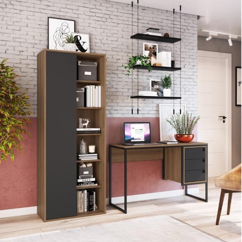 Miniatura Conjunto Home Office Livreiro 1 Porta 5 Prateleiras e Escrivaninha 3 Gavetas Placa e Ponto Grafite/Mel