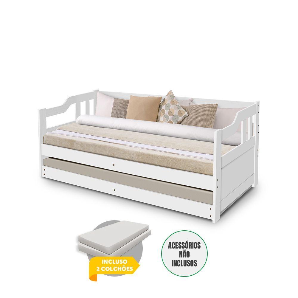 Miniatura Sofá Cama Solteiro Vintage Com Cama Auxiliar Madeira + 2 Colchões - Branco - Branco