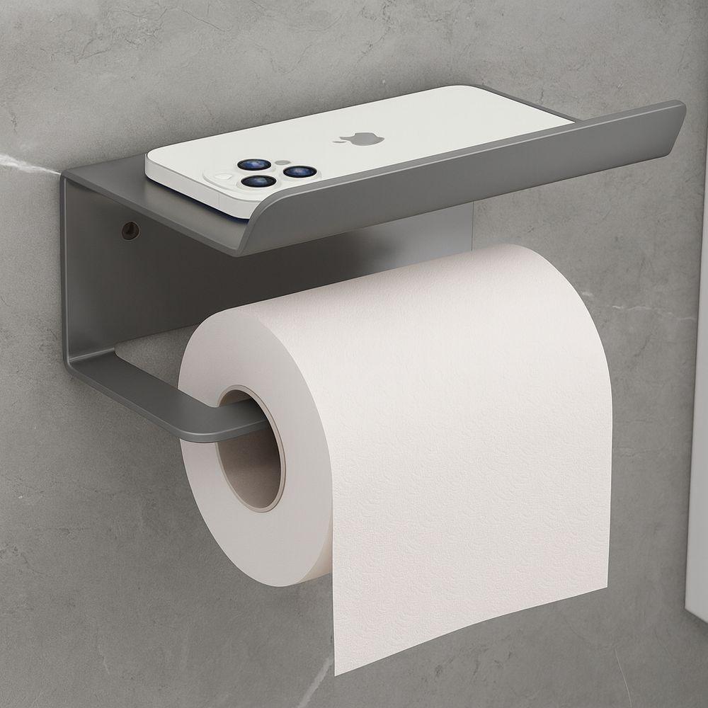 Miniatura Suporte De Papel Higiênico Premium Em Aço Inoxidável Fosco Com Prateleira Superior Para Banheiro Moderno - Preto