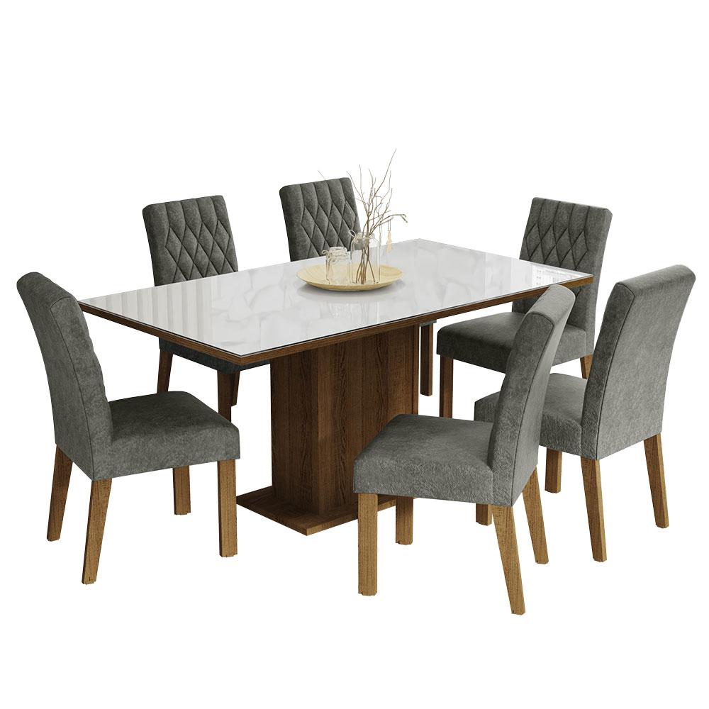 Miniatura Conjunto Sala de Jantar Mesa Tampo de Vidro 6 Cadeiras Geórgia Madesa Rustic/Branco/Silver