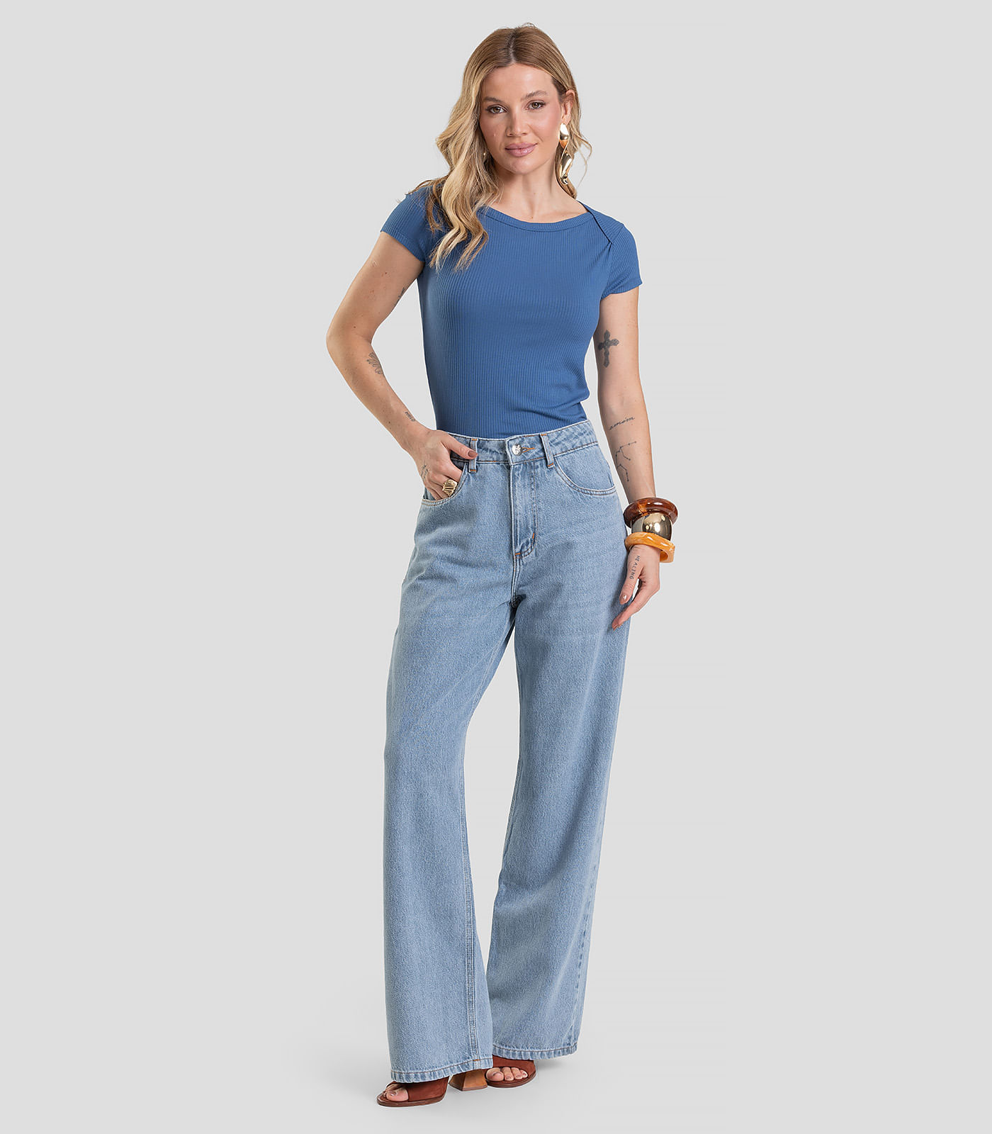 Calça Jeans Feminina Wide Leg Cintura Alta Dianna Azul