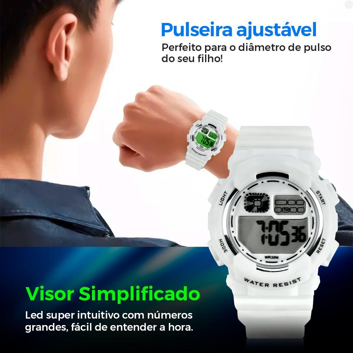 Miniatura Relogio Digital Menino Branco Infantil + Oculos Sol + Caixa