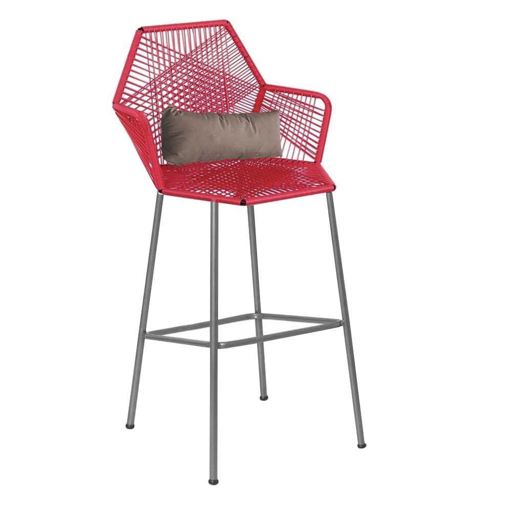 Miniatura Banqueta Alta Com Encosto Ferro Prata Fibra Vermelho Almofada Bege