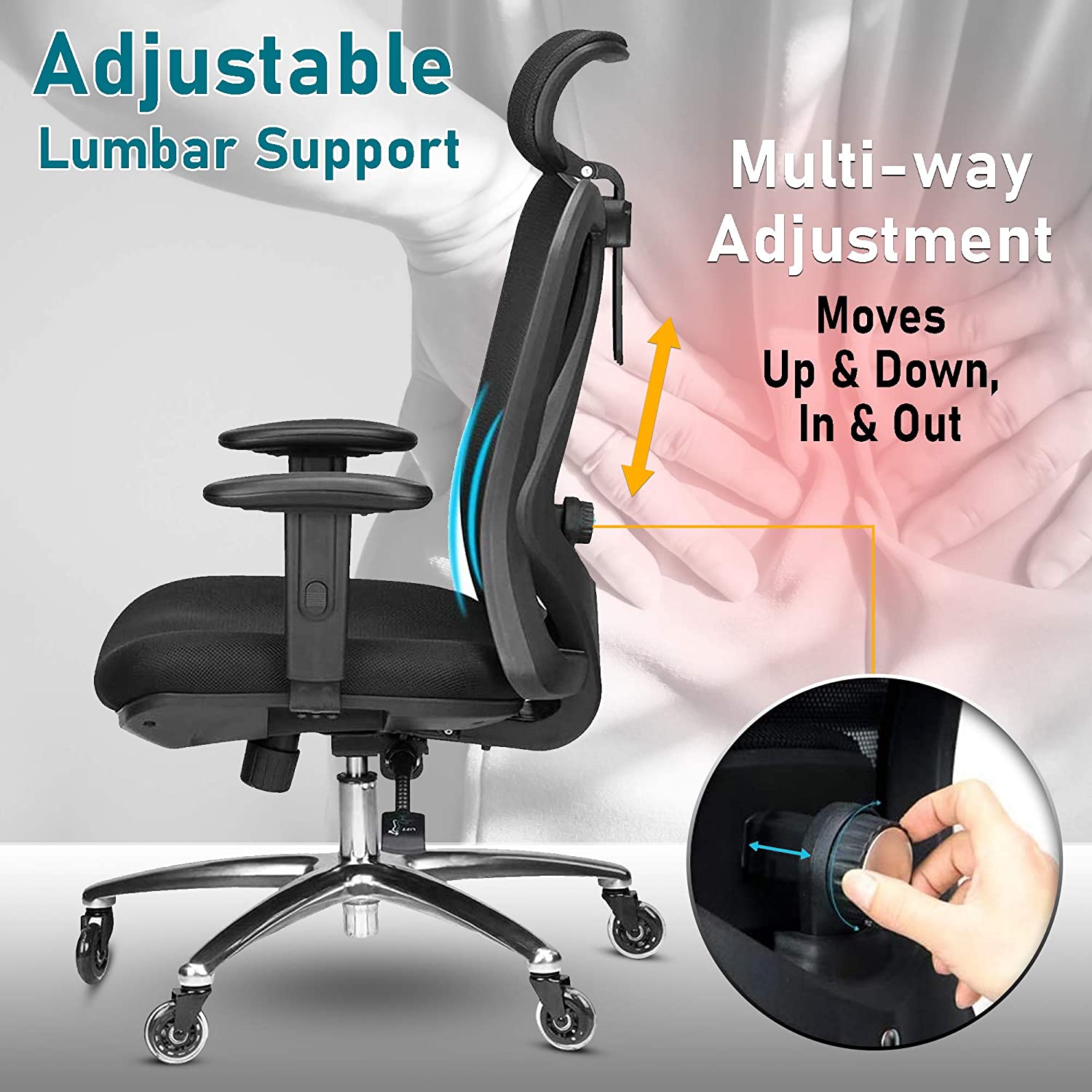 Miniatura Duramont Ergonomic Office Chair Adjustable Desk Chair with Lumbar Support and Rollerblade Wheels High Back Chairs with Breathable Mesh Thick Seat Cushion Head and Arm Rests Reclines