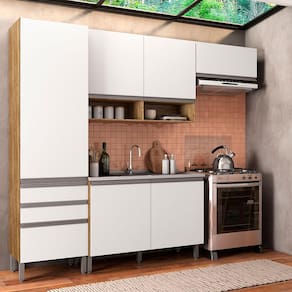 Miniatura Cozinha Compacta Bartira Jaspe com 1 Pia, 6 Portas, 3 Gavetas e 6 Prateleiras - 260,4 cm de Largura Damasco/Branco