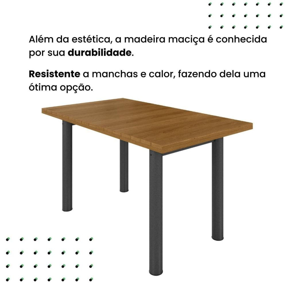 Miniatura Mesa Retangular Tampo Madeira Maciça Ripado 140x75cm Base Tubo 3" Madeira Maciça/Preto