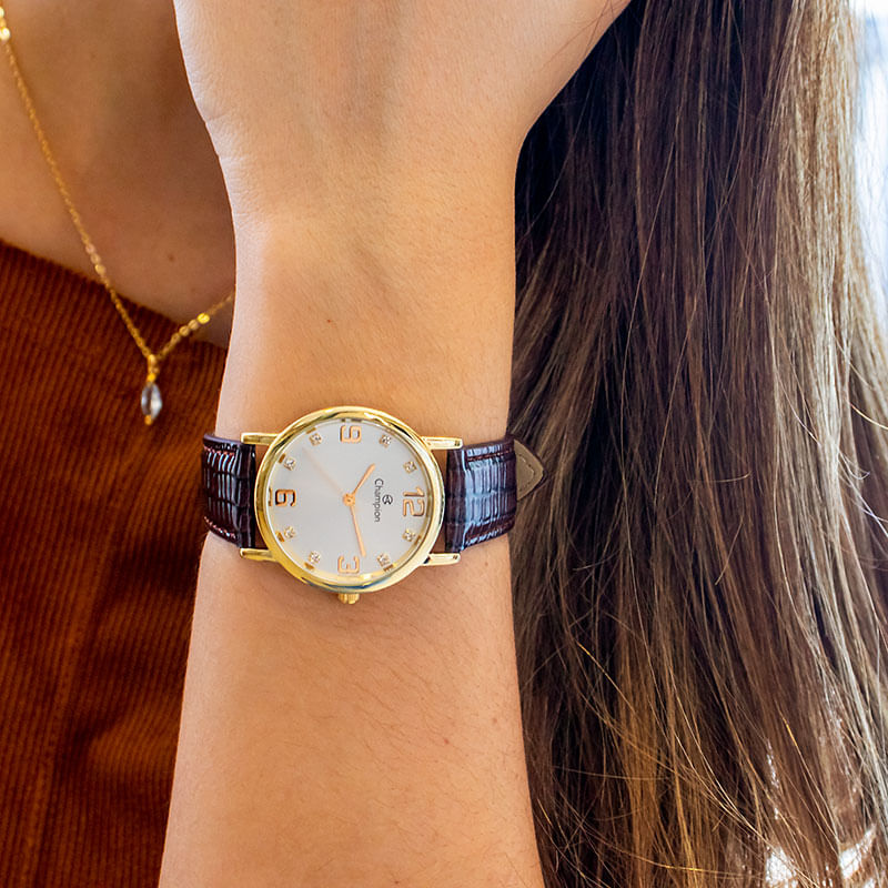 Miniatura Relógio Feminino Champion Analógico Couro Marron Kit Colar e Brincos CN20186B