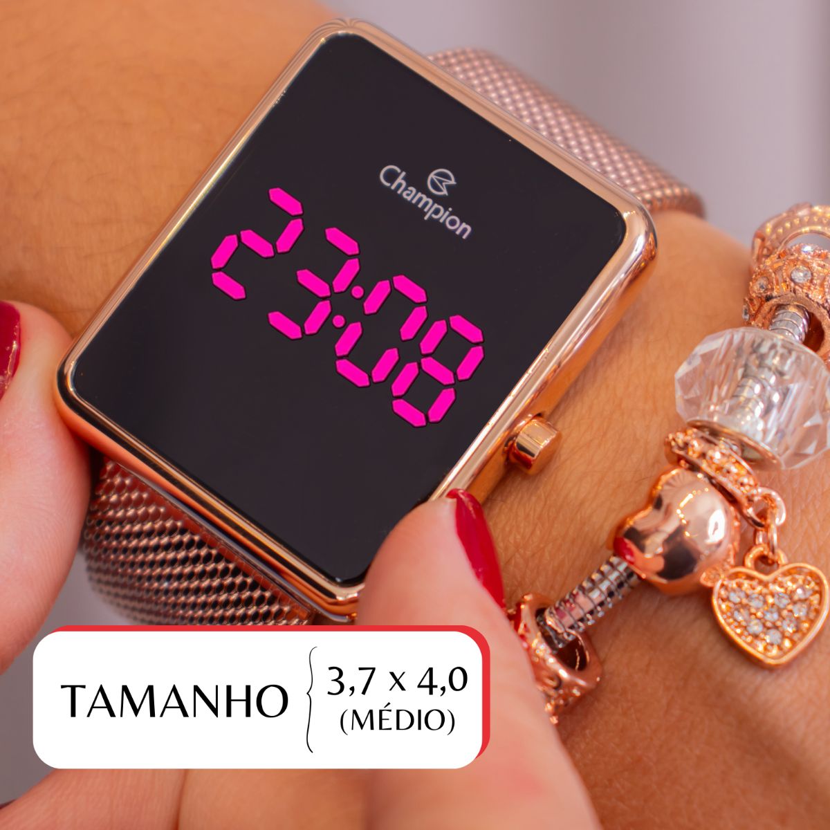 Miniatura Relógio Feminino Champion Digital Quadrado Rosé CH40083H Led Rosa + Pulseira Berloques