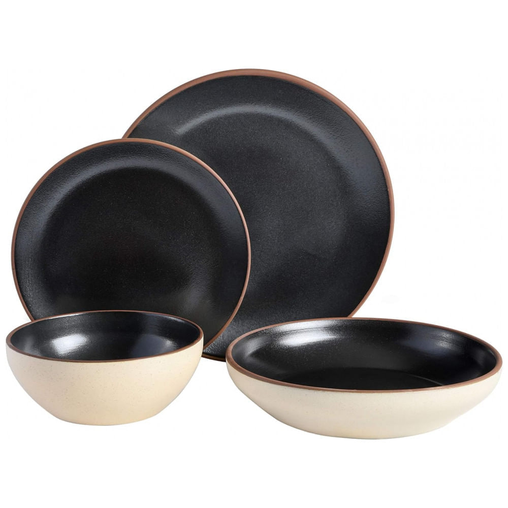 Miniatura Aparelho de Jantar Clássico com 16 Peças em Cerâmica Serve 4 Pessoas, Gibson Elite Contempo, Preto