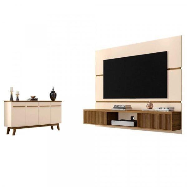 Miniatura Conjunto Painel Âmbar para TV até 65 Polegadas e Buffet Opala Pés de Madeira Móveis Bechara Off White/Cinamomo
