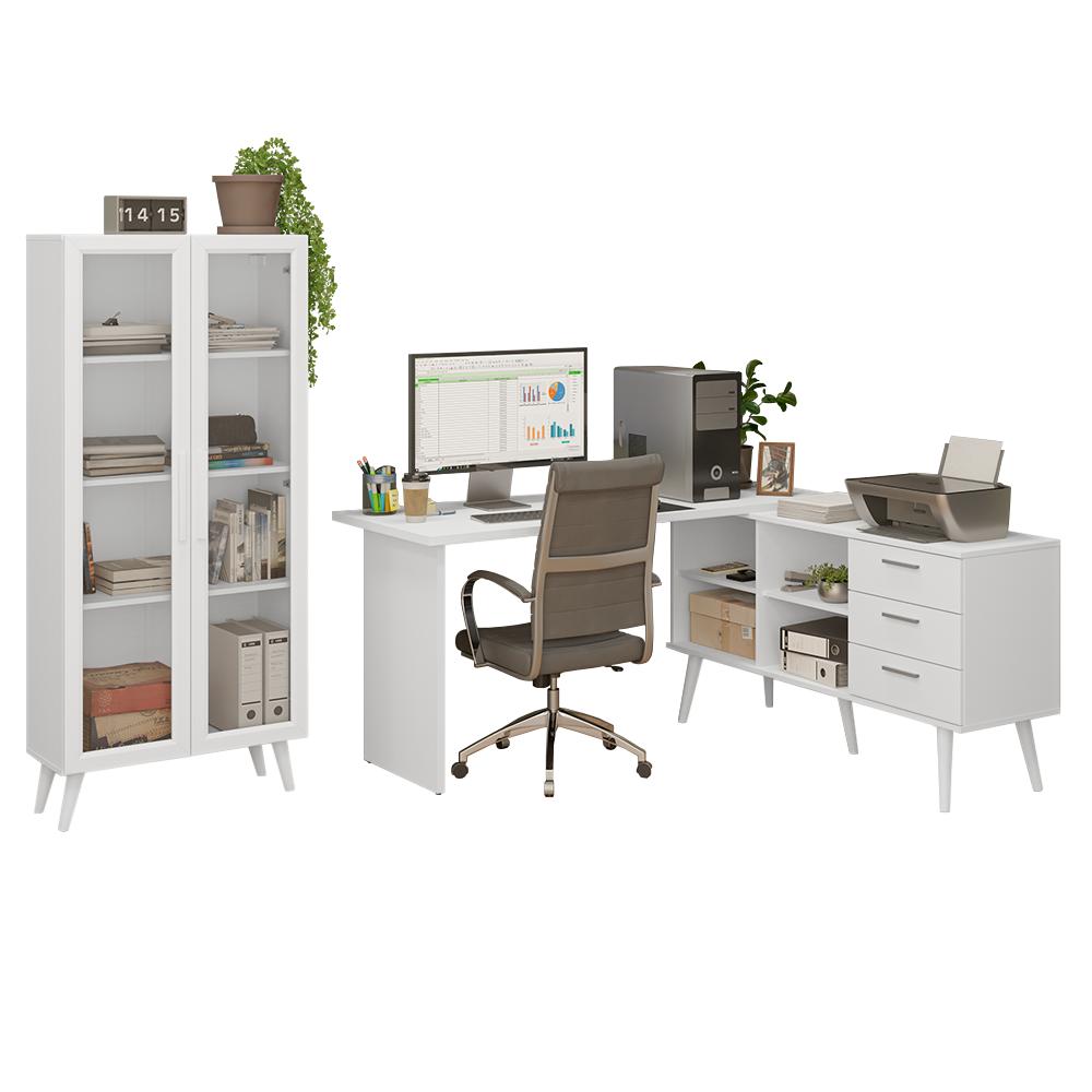 Miniatura Kit 2 Peças com Escrivaninha em L 3 Gavetas e Armário Multiuso com Vidro Branco Madesa Branco