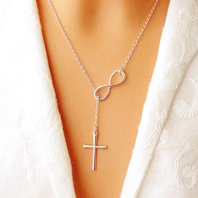 Miniatura Colar Feminino Símbolo Do Infinito Prateado Cruz
