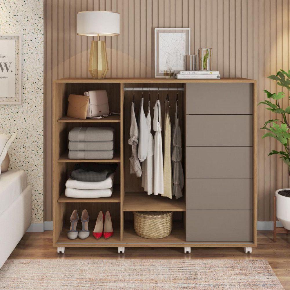 Cômoda Com 5 Gavetas 2 Portas Pegasus Com Rodízios Caemmun Buriti Ripado/ Fendi