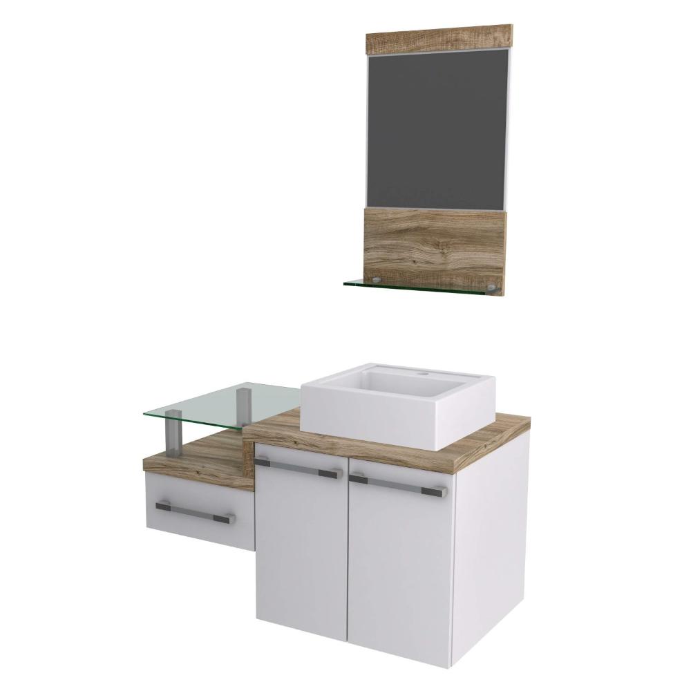 Miniatura Gabinete para Banheiro 2 Portas 1 Gaveta com Cuba Q35 e Espelheira Legno 831W Espresso Móveis Branco/Carvalho