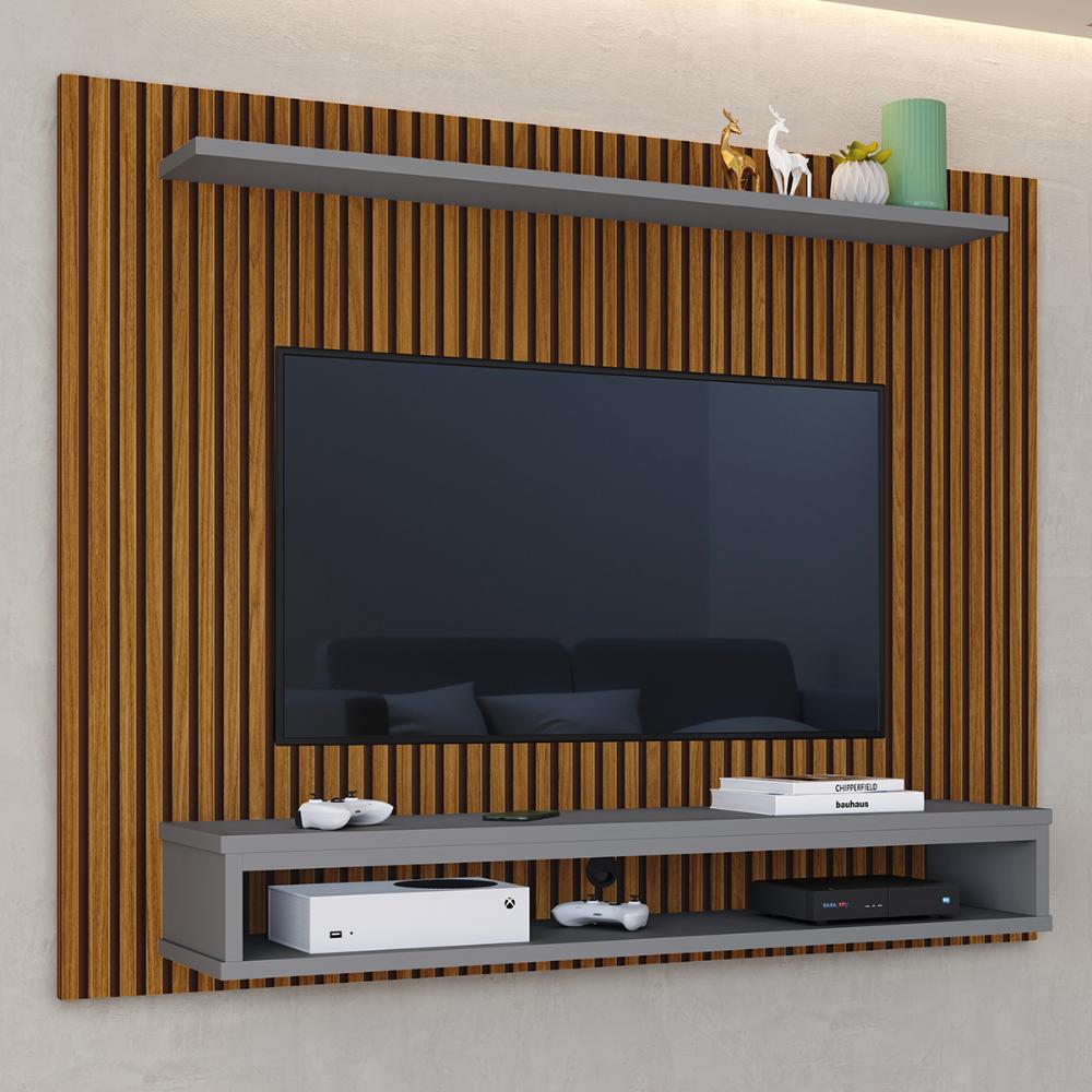 Miniatura Painel Suspenso TV 48 Polegadas Nicho Nairobi Ripado Freijó/Cinza e Kit 2 Puff Banqueta Redonda Multiuso Pés Retrô Thor Bege Sala Quarto