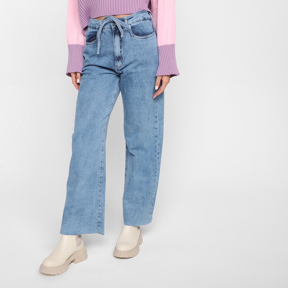 Miniatura Calça Jeans Wide Leg Morena Rosa Amarração Feminina Azul Claro - 42