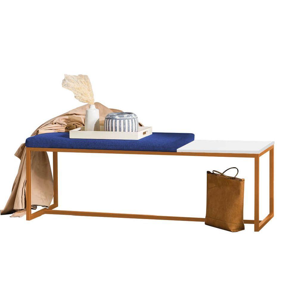 Miniatura Banco Recamier Puff 140cm Industrial Bronze Sintético Azul Marinho Tampo Quadrado Mdf Branco